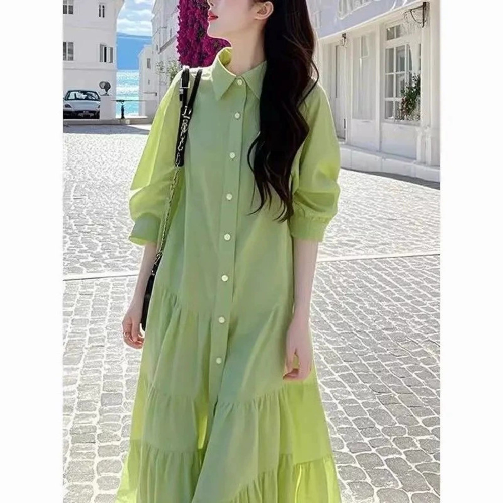 ZARA Unique Green French Chic Ruffle Slimming Summer Dress with Blouse